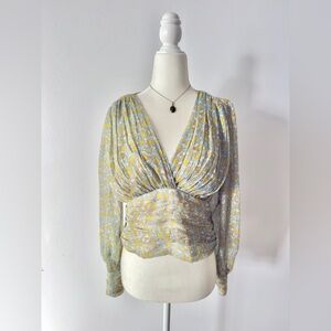 Zara Yellow and Baby Blue Floral Wrap Blouse